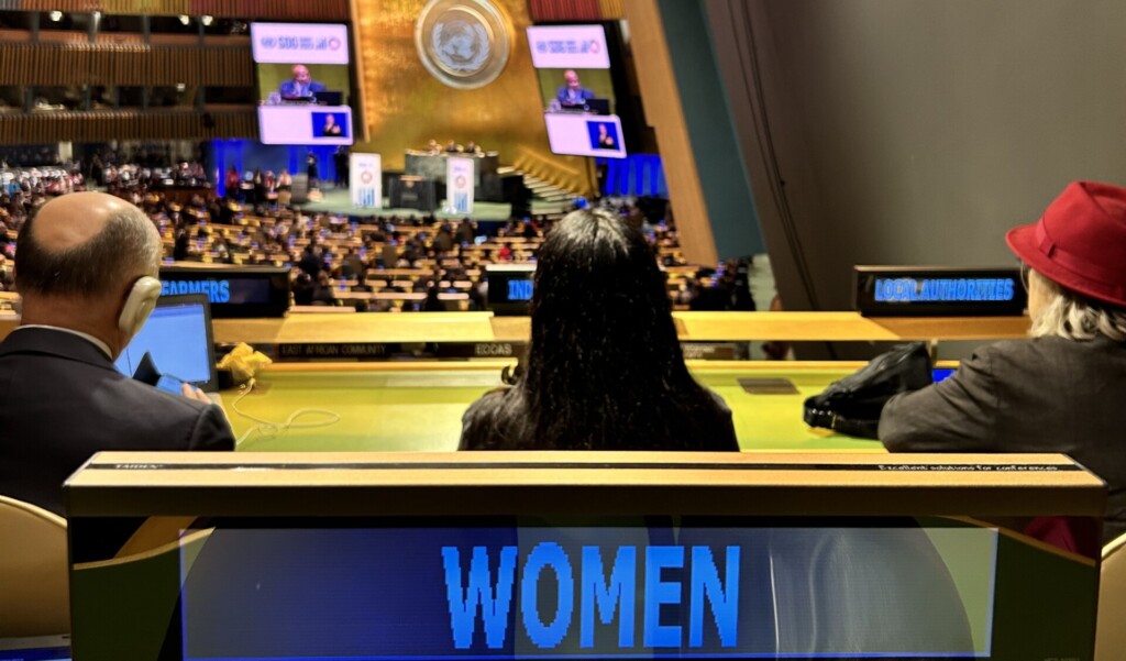 A session is in progress inside the UN Headquarters in New York, as seen from the seat reserved for the Women's Major Group. 